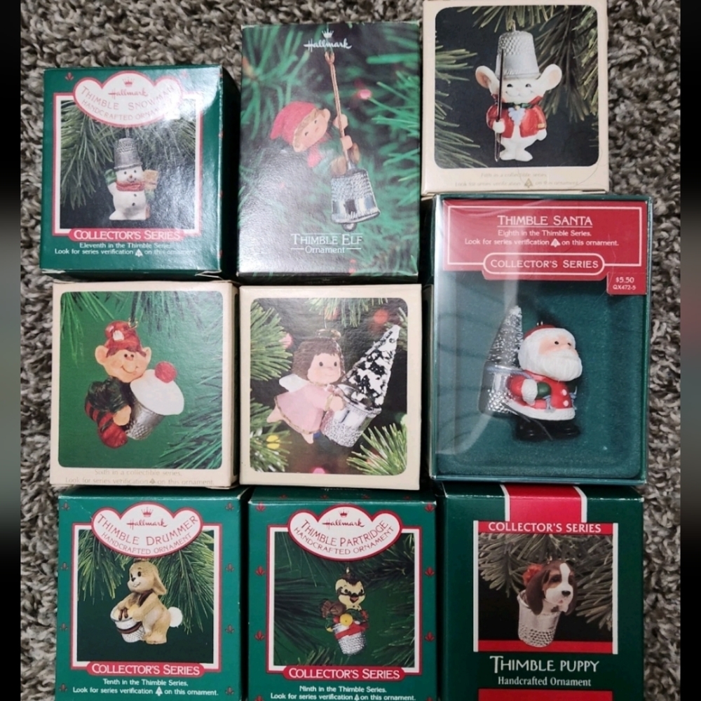Hallmark Holiday Thimble Ornaments - Green, Red, White, Gold, Brown